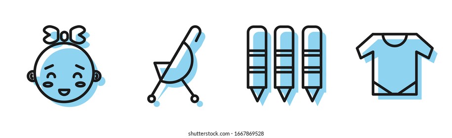 Set line Wax crayons for drawing, Happy little girl head, Baby stroller and Baby onesie icon. Vector