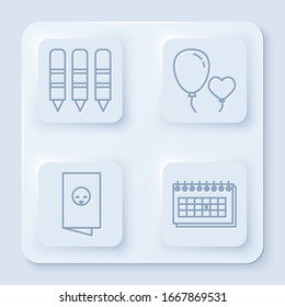 Fije la línea de lápices de cera para dibujar, globos en forma de corazón, tarjeta de invitación a la ducha bebé, afiche y calendario. Botón cuadrado blanco. Vector