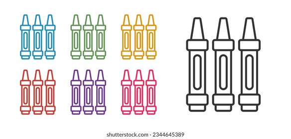 Establecer la línea Crayones de cera para el icono de dibujo aislado en el fondo blanco. Indique los iconos en colores. Vector
