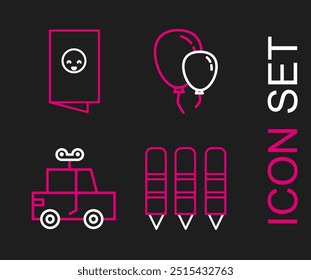 Set line Wax crayons for drawing, Toy car, Balloons with ribbon and Baby shower invitations card, poster icon. Vector