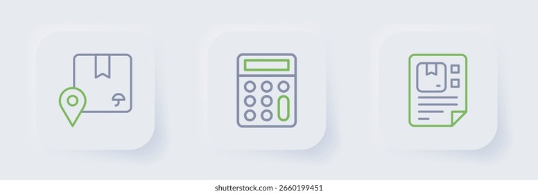 Establecer la línea Waybill, Calculadora y Locación con el ícono de la caja de cartón. Vector