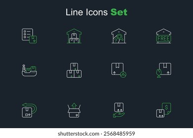 Set line Waybill, Delivery hand with box, Unboxing, Return cardboard, Package fragile content, Carton,  and Cargo ship boxes delivery icon. Vector