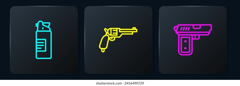 Set line Weapons oil bottle, Pistol or gun and Revolver. Black square button. Vector