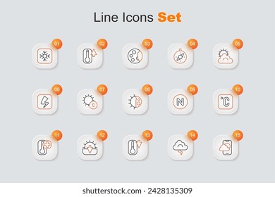 Aplicación de pronóstico del tiempo, Nube y relámpago, Termómetro, Puesta del sol, Celsius, Brújula norte e icono de ciclo nocturno de día. Vector