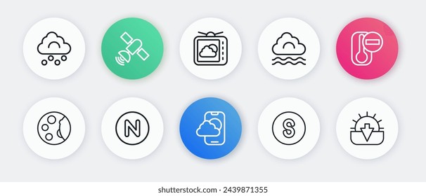 Set line Weather forecast app, Thermometer, Moon phases, Compass south, Fog and cloud, Sunset and north icon. Vector