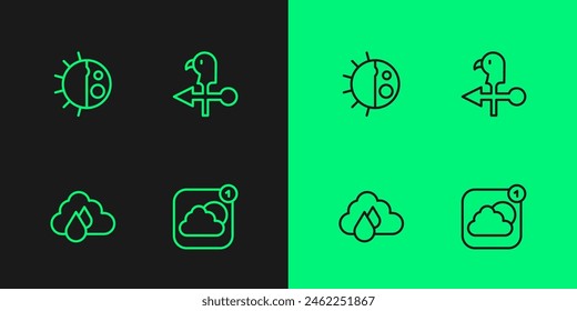 Set line Weather forecast app, Cloud with rain, Day night cycle and Rooster weather vane icon. Vector