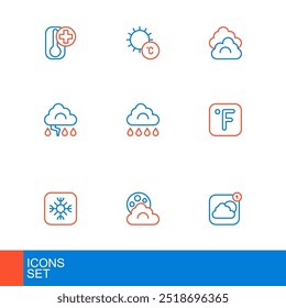 Definir a linha Previsão do tempo aplicativo, Nuvem com lua, floco de neve, Fahrenheit, e relâmpago, chuva e ícone do Sol. Vetor