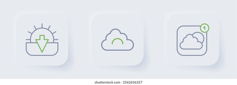 Set line Weather forecast app, Cloud and Sunset icon. Vector