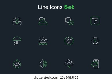 Set line Weather forecast app, Cloud and lightning, Day night cycle, Compass, Solar energy panel, Moon, Fog cloud and Umbrella icon. Vector