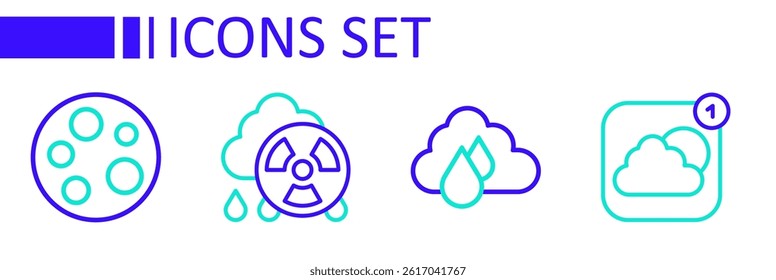 Set line Weather forecast app, Cloud with rain, Acid radioactive cloud and Moon icon. Vector