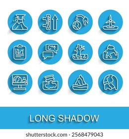 Set line Weather forecast, Barrel oil leak, Volcano eruption with lava, Iceberg, Global warming, Deforestation and Withered tree icon. Vector