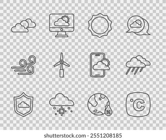 Set line Weather forecast, Celsius, Sun, Cloud with snow, and cloud weather, Wind turbine, Water drop percentage and rain icon. Vector