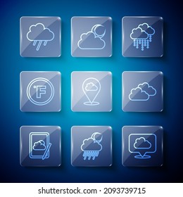 Set line Weather forecast, Cloud with rain and moon, Location cloud, Fahrenheit,  and  icon. Vector