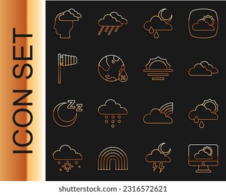 Fijar línea pronóstico del tiempo, Nube con lluvia y sol, luna, porcentaje de caída de agua, Vane del viento de sock de Cone, Hombre con dolor de cabeza e icono de amanecer. Vector