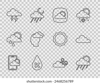 Set line Weather forecast, Cloud with rain and sun, Water drop percentage, Storm, Man having headache, Windy weather and  icon. Vector