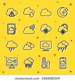 Set line Weather forecast, Cloud with rain, snow and sun, Rainbow clouds, Storm warning and  icon. Vector