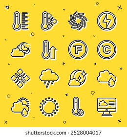 Definir a linha Previsão do tempo, Nuvem com chuva, Celsius, Tornado, Termômetro de meteorologia, lua e ícone Fahrenheit. Vetor