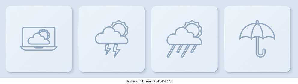 Previsión de Clima de línea, Nube con lluvia y sol, Tormenta y Paraguas. Botón cuadrado blanco. Vector