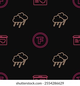 Set line Weather forecast, Cloud with rain and Fahrenheit on seamless pattern. Vector