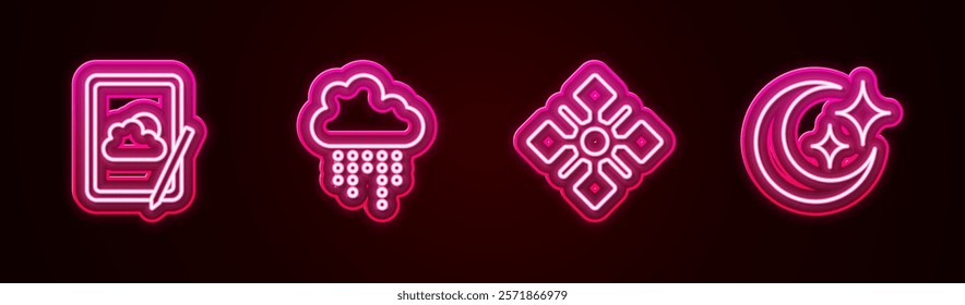 Set line Weather forecast, Cloud with rain, Snowflake and Moon and stars. Glowing neon icon. Vector