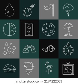 Set line Weather forecast, Compass, Sun protective umbrella beach, Meteorology windsock wind vane, Eclipse of sun, Water drop and Moon icon. Vector