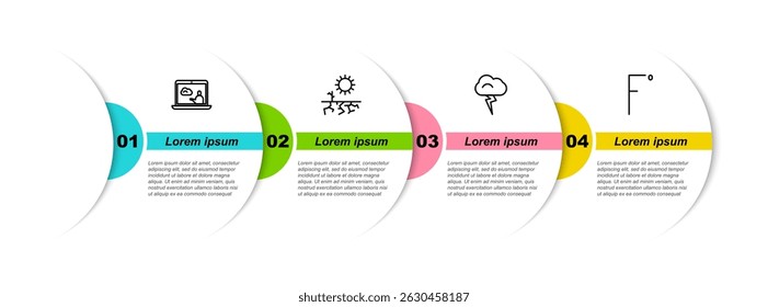 Set line Weather forecast, Drought, Storm and Fahrenheit. Business infographic template. Vector