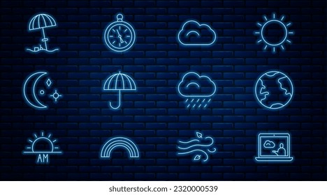 Set line Weather forecast, Earth globe, Cloud, Umbrella, Moon and stars, Sun protective umbrella beach, with rain and Compass icon. Vector