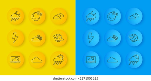 Set line Weather forecast, Lightning bolt, Windy weather, Cloud with rain and sun, Earth planet clouds, moon, Sun and Time to sleep icon. Vector