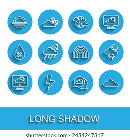 Set line Weather forecast, Lightning bolt, Sunrise, Location cloud, Cloud, Rainbow with and rain, Storm and  icon. Vector