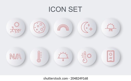 Set line Weather forecast, Not applicable, Rainbow, Meteorology thermometer, Drought, Moon,  and Sunset icon. Vector