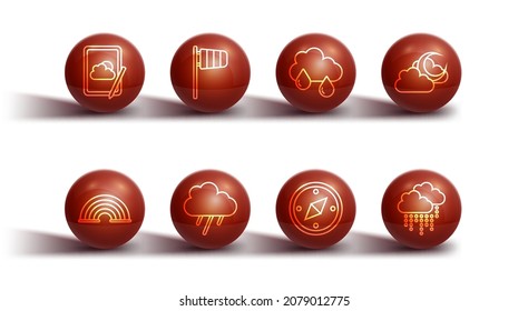 Set line Weather forecast, Rainbow, Cloud with moon, Compass, rain, Cone windsock wind vane,  and  icon. Vector
