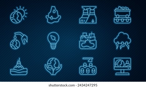 Set line Weather forecast, Storm, Nuclear power plant, Light bulb with leaf, Gas pump nozzle and globe, Global warming, Wrecked oil tanker ship and Glacier melting icon. Vector