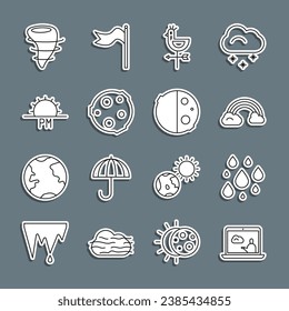 Set line Weather forecast, Water drop, Rainbow with clouds, Rooster weather vane, Moon, Sunset, Tornado and Eclipse of sun icon. Vector