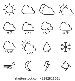 set of line weather icons, linear weather symbols isolated on white background