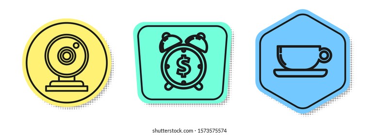 Set line Web camera, Alarm clock with dollar symbol and Coffee cup flat. Colored shapes. Vector