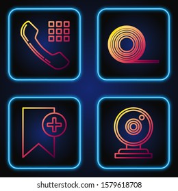 Set line Web camera, Bookmark, Telephone handset and Scotch. Gradient color icons. Vector