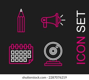 Set line Web camera, Calendar, Megaphone and Pencil icon. Vector