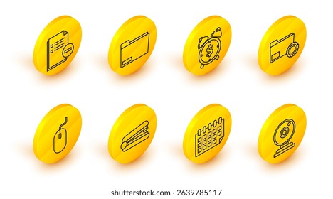 Set line Web camera, Calendar, Office stapler, Computer mouse, Folder settings with gears, Alarm clock dollar symbol, Document folder and minus icon. Vector