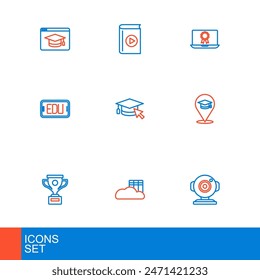 Set line Web camera, Cloud or online library, Award cup, Online education, Graduation cap with cursor, diploma and Audio book icon. Vector