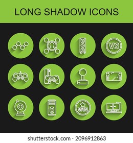 Set line Web camera, Computer, Share, Medal, monitor, Game console with joystick, Portable video game and Joystick for arcade machine icon. Vector