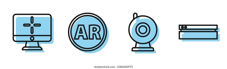 Set line Web camera, Computer monitor, Ar, augmented reality and Video game console icon. Vector
