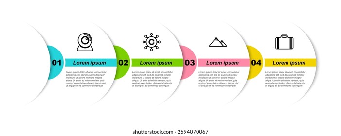 Set line Web camera, Copywriting network, Mountains and Suitcase for travel. Business infographic template. Vector