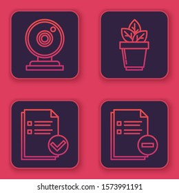Set line Web camera, Document and check mark, Flowers in pot and Document with minus. Blue square button. Vector