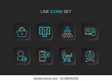 Definir a linha Web camera, Freelancer, Conferência de bate-papo com vídeo, Alto-falante e ícone. Vetor