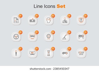 Set line Web camera, Game controller or joystick, Old hourglass, Computer monitor, VR game, Microphone and rating with medal icon. Vector