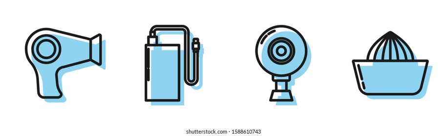 Set line Web camera , Hair dryer , Power bank with different charge cable  and Citrus fruit juicer  icon. Vector
