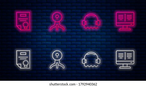 Set line Web camera, Headphones, Certificate template and Online book monitor. Glowing neon icon on brick wall. Vector