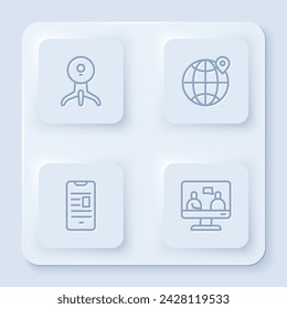 Set line Web camera, Location on the globe, Online book mobile and education. White square button. Vector