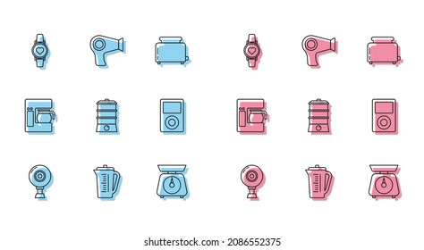 Set line Web camera, Measuring cup, Smart watch showing heart beat rate, Scales, Double boiler, Music player, Coffee machine with glass pot and Hair dryer icon. Vector
