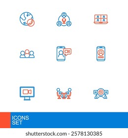 Set line Web camera, Meeting, Video chat conference,  and  icon. Vector